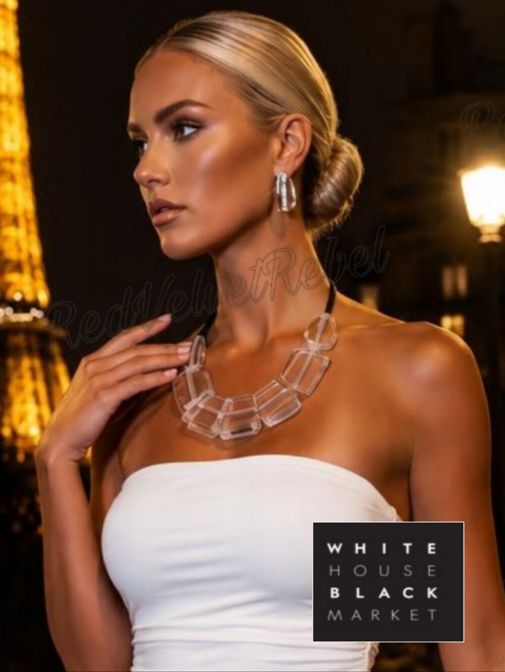 NWT WHBM Clear Lucite Crystal Spacer Silk Ribbon Statement Necklace